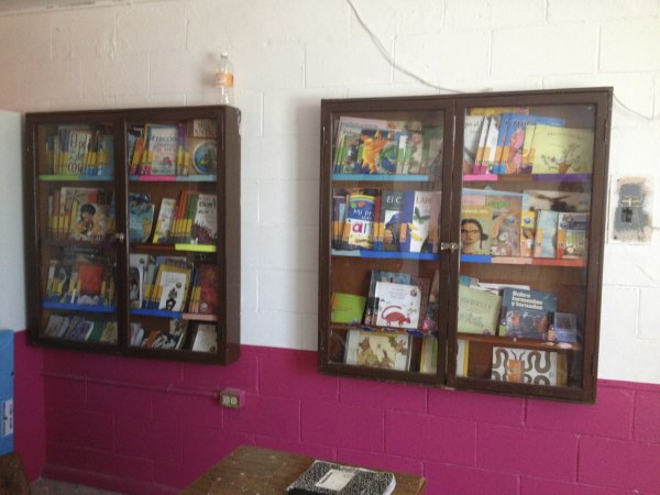 A view of the two book cases in the library at Escuela Josefa Ortiz De Domingue in Culican, Sinaloa, Meixco